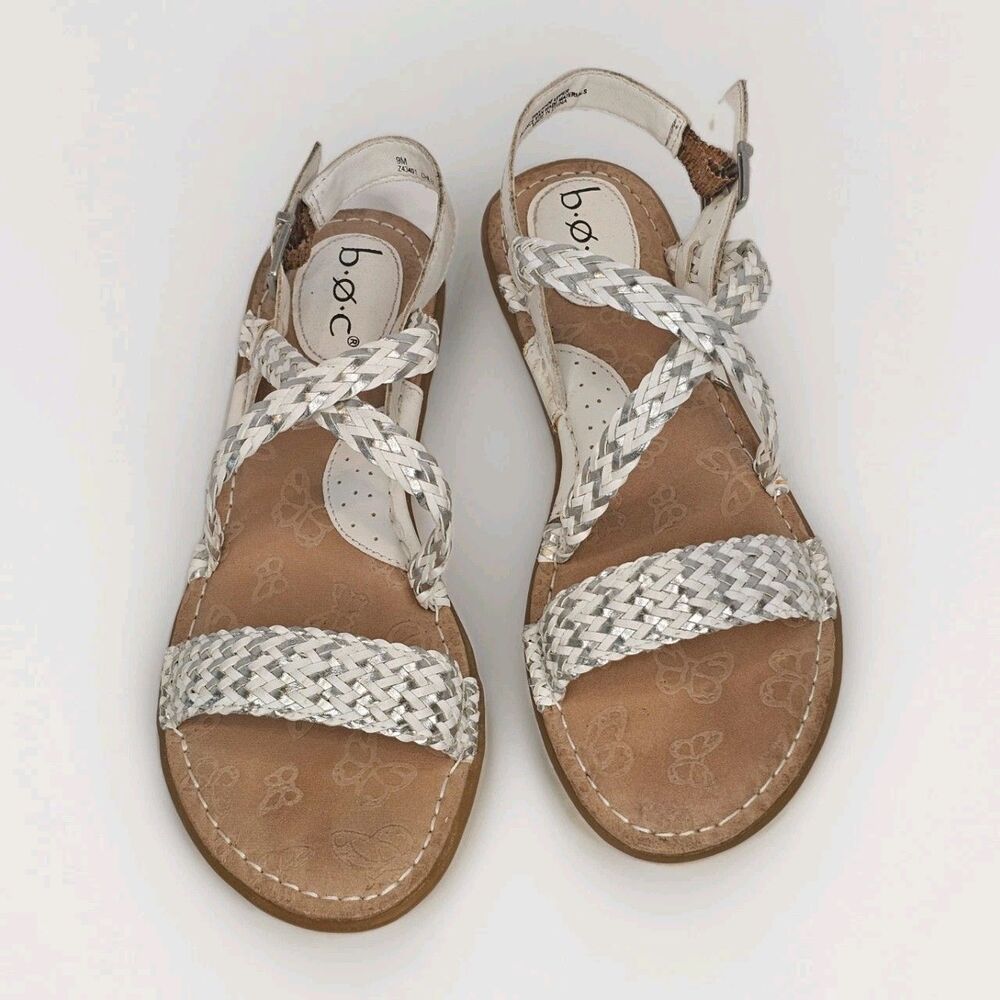 ​b.o.c. Born Women’s 9M White Silver Braided Butterfly Strappy Flat Sandals